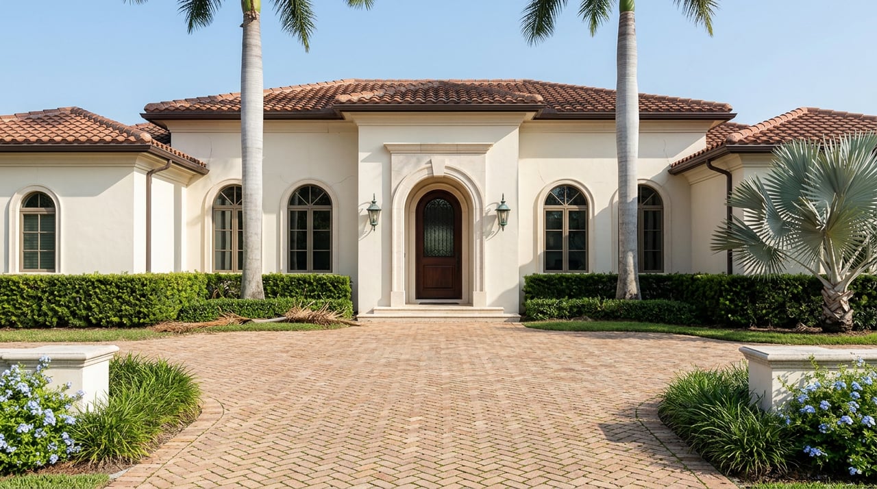 Two-story stucco estate with an arched entry, red tile roof, palms, and a herringbone paver motor court.