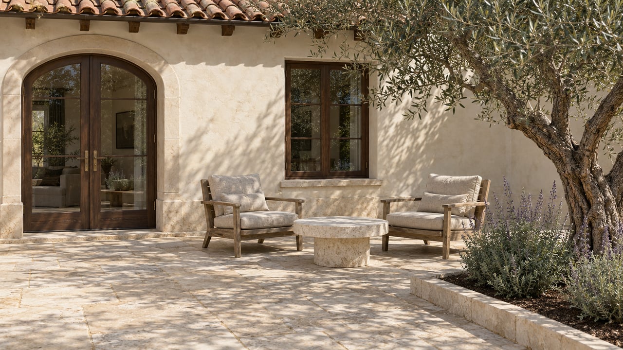 Cream stucco home opening onto a limestone terrace with two teak chairs and a mature olive tree.