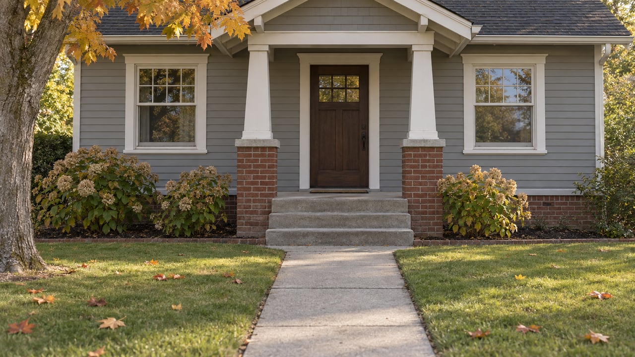 Gray clapboard cottage with paired porch posts, multi-pane windows, a short concrete walk and autumn maple foliage.