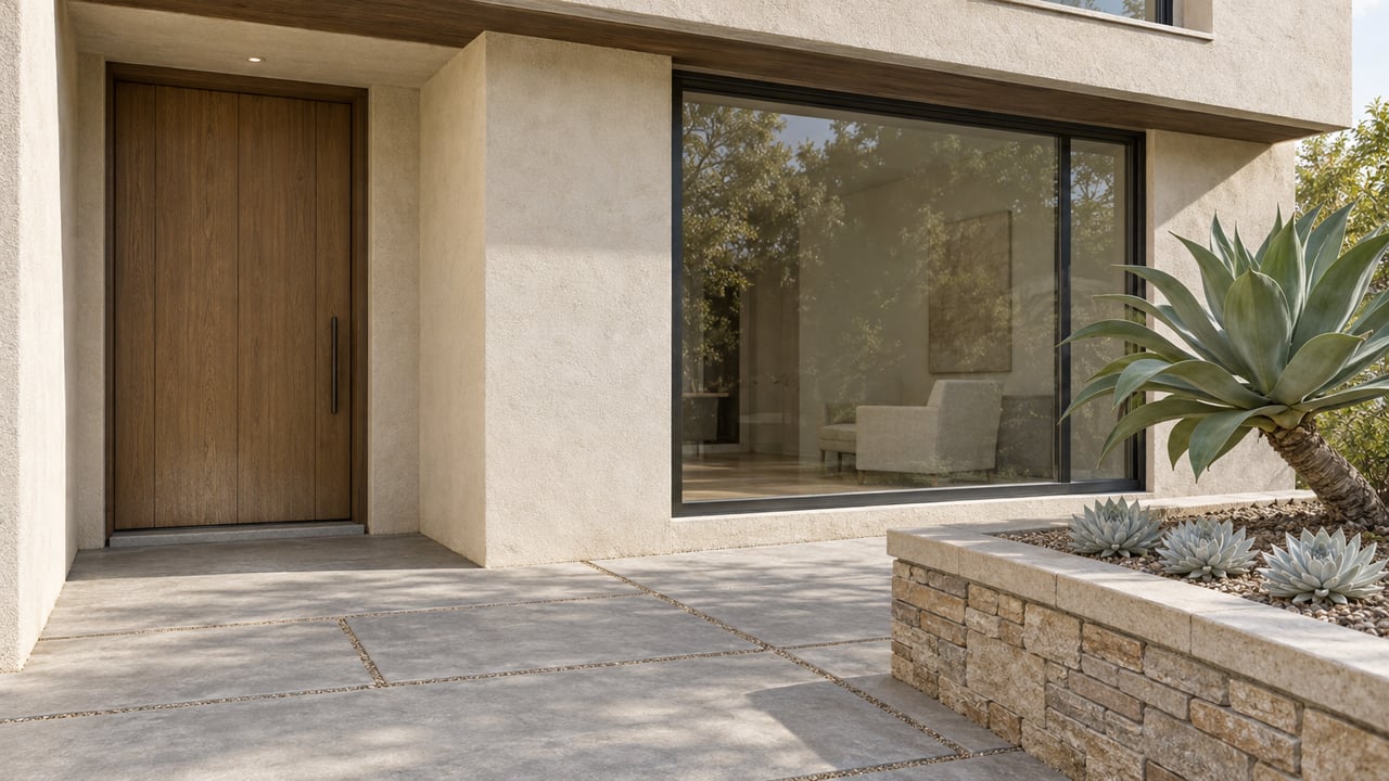 Cream stucco home entry with an oak door, dark-framed window, concrete paving and a stone planter holding sculptural succulents.