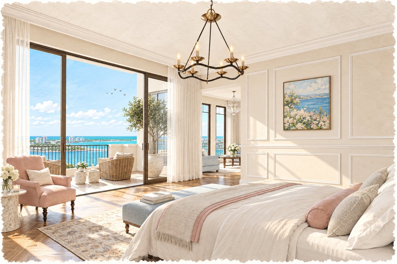 Bedroom with a large bed and chandelier, opening to a balcony with a water view.