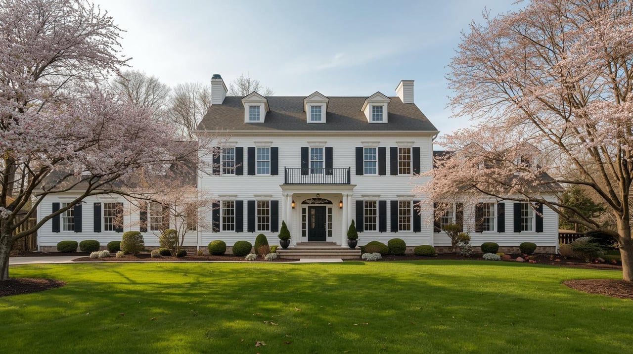 Classic white colonial home framed by soft spring blossoms and a manicured lawn, photographed in calm natural light.