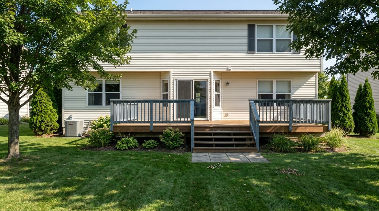 Rear deck with painted railings against a cream-sided house and wide lawn.