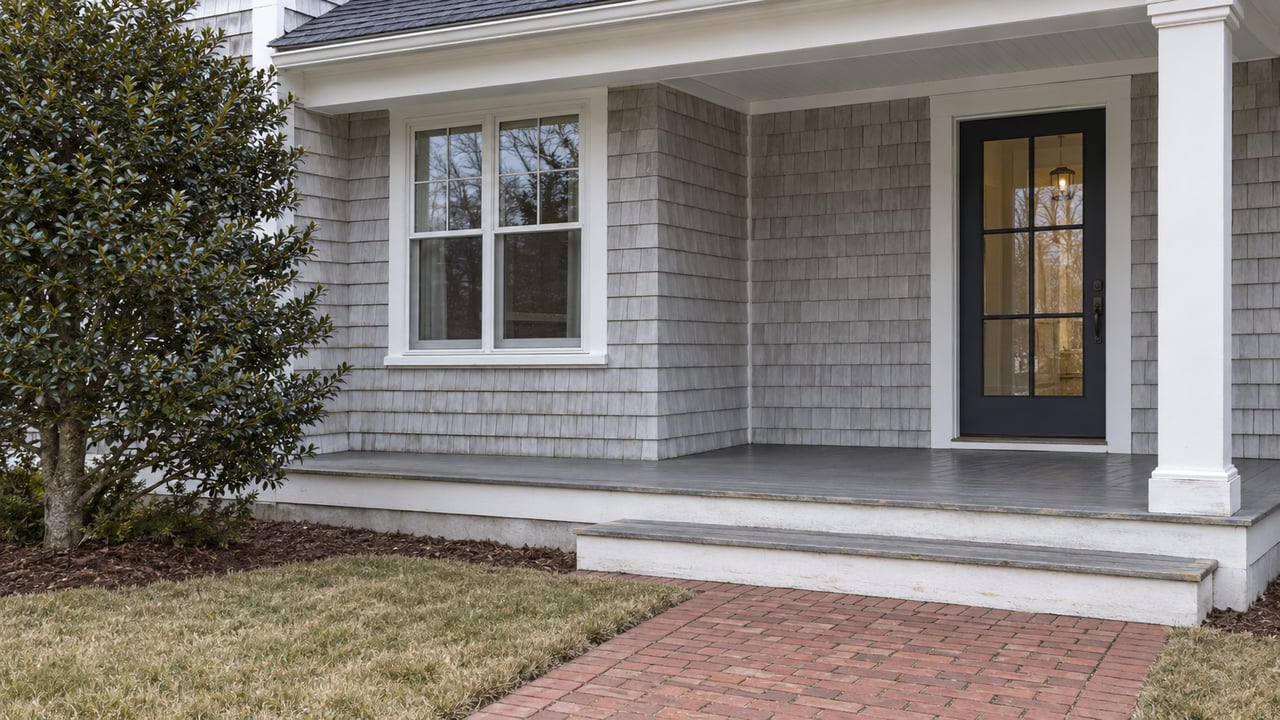 Pale gray shingle house with white porch trim, a glazed entry door and a worn brick approach in soft winter daylight.