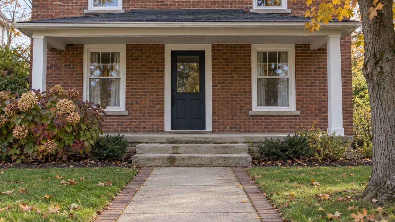Brick home with a covered front porch, stone steps, an autumn maple and oakleaf hydrangea beside the walk.