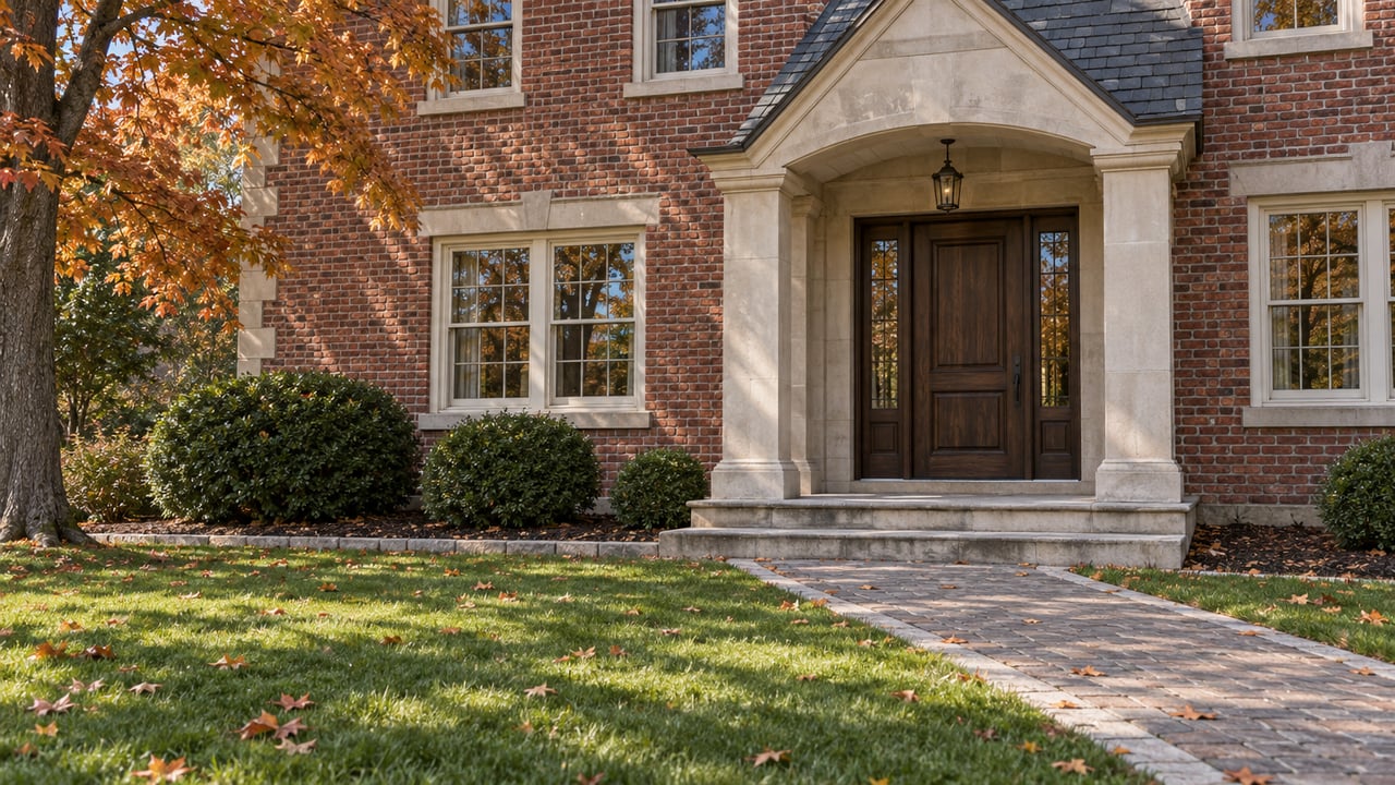 Autumn sunlight across a brick home's limestone entry, oak door and paver approach, with copper-colored maple leaves beside the lawn.