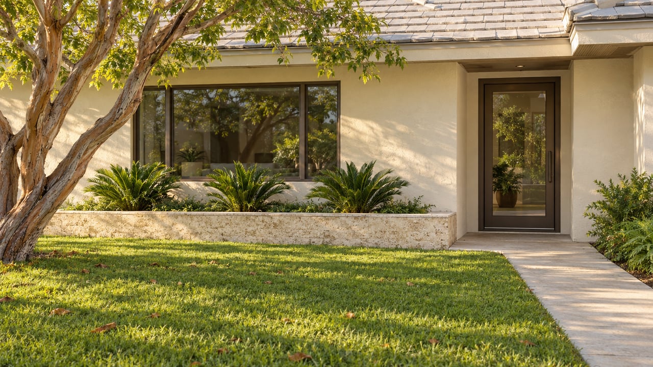 Cream stucco house with a recessed glass entry, bronze-framed window, tile roof, lawn, and twisting tree.