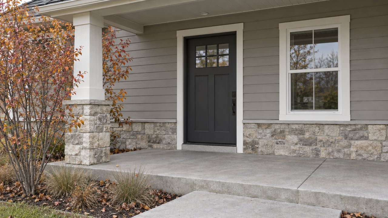 Charcoal front door beside a divided-light window, stone porch post, and copper-leaved serviceberry in a concrete-edged bed.