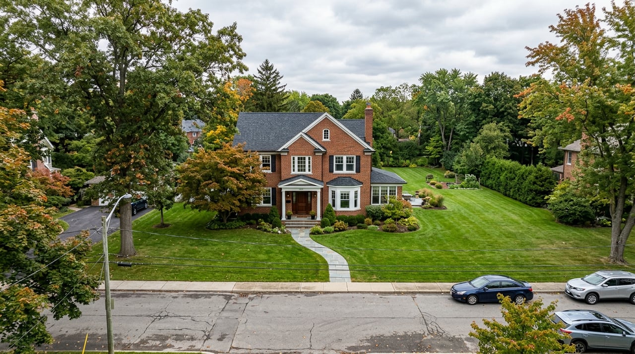 Two-story brick house with a screened porch, deep lawn, and uneven brick walkway beneath an overcast sky.