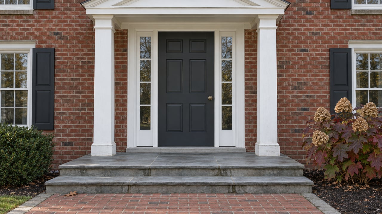 Brick home entrance with a white pediment, charcoal door, paired sidelights, stone steps and burgundy oakleaf hydrangea.