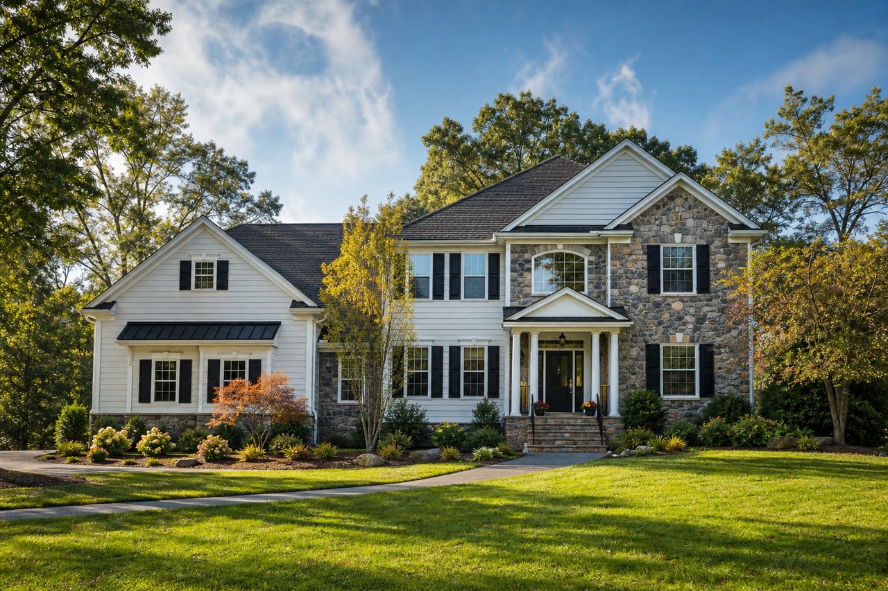 Two-story white and stone house with black shutters, landscaped lawn, and covered front entrance.