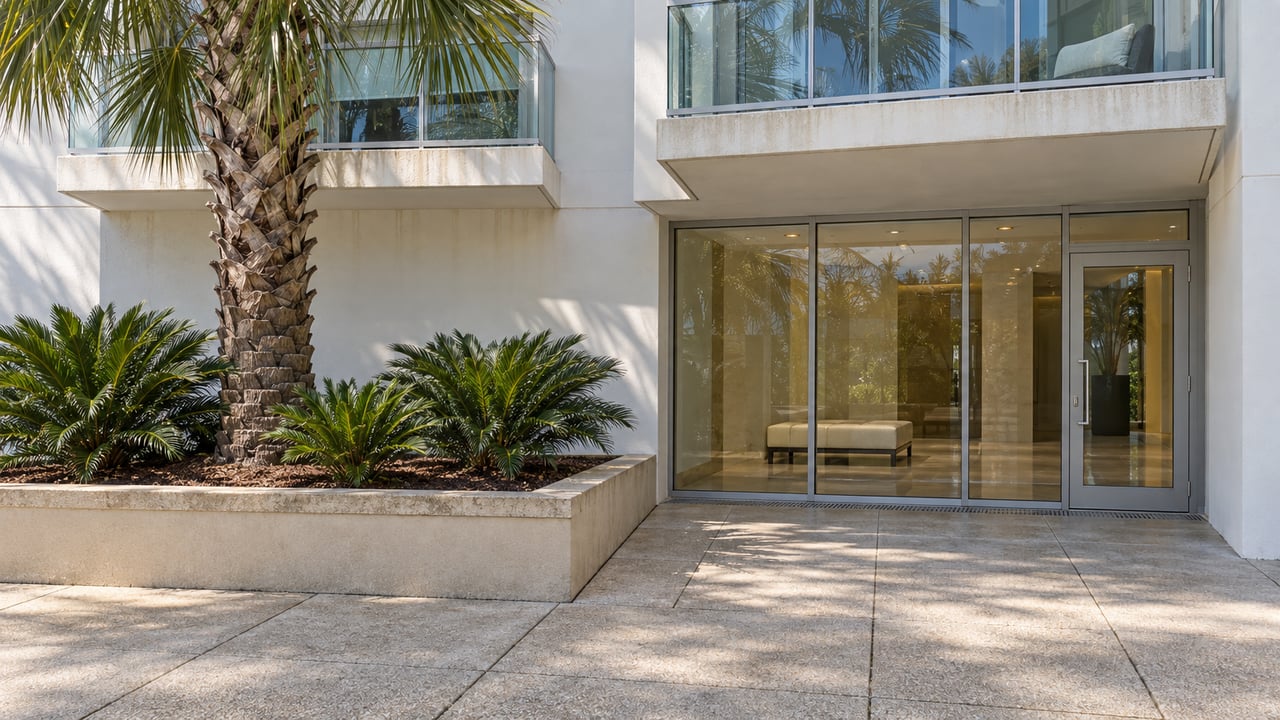 Sunlit condominium entrance with white concrete balconies, a glazed lobby, shell-aggregate paving and a specimen palm in a raised planting bed.