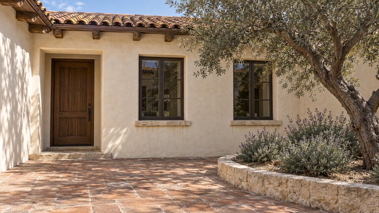 Sunlit stucco home with a clay-tile roof, walnut entry, bronze windows and an olive tree beside a terracotta courtyard.