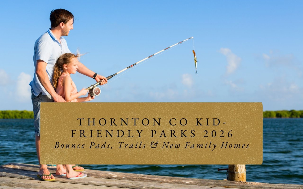 Kid fishing at Riverdale Park pond while sibling plays in sand pit, Thornton family park scene