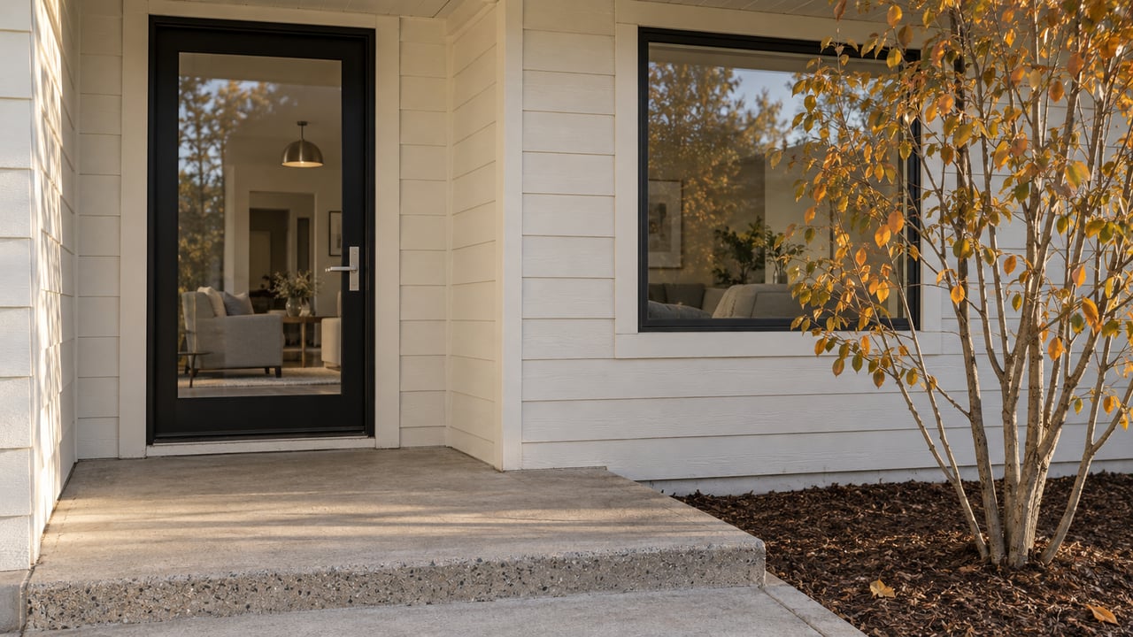 Updated home's covered entry with black-framed glass door, off-white wood siding, concrete step and an autumn serviceberry.