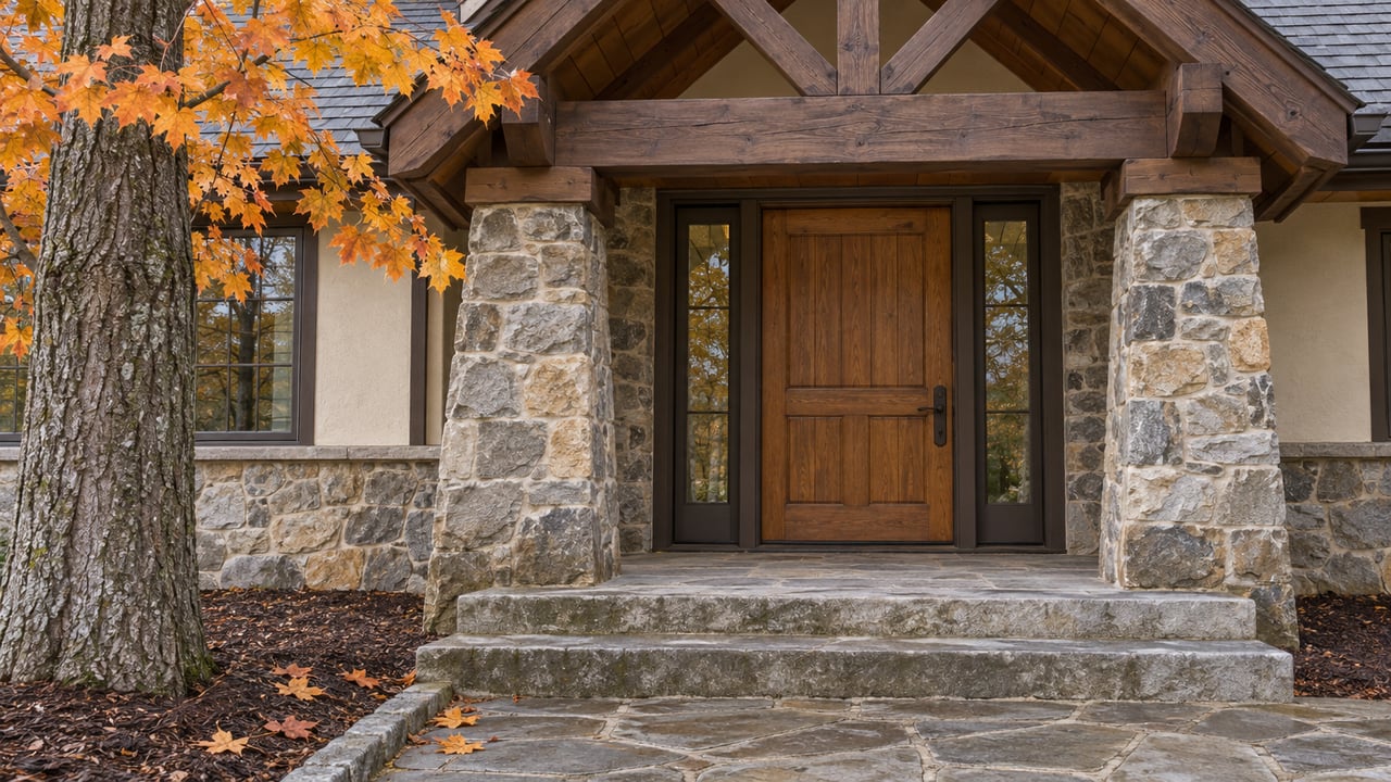 Autumn light on a timber-gabled cottage entrance with fieldstone piers, an oak door, paired sidelights and worn stone steps.