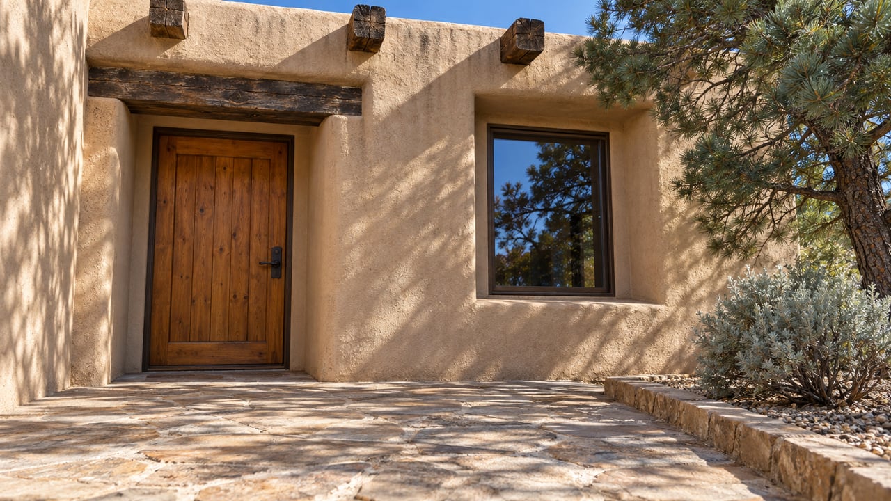 Sand-colored stucco home entrance with a timber door, deep-set window, worn stone landing and a sculptural pine.