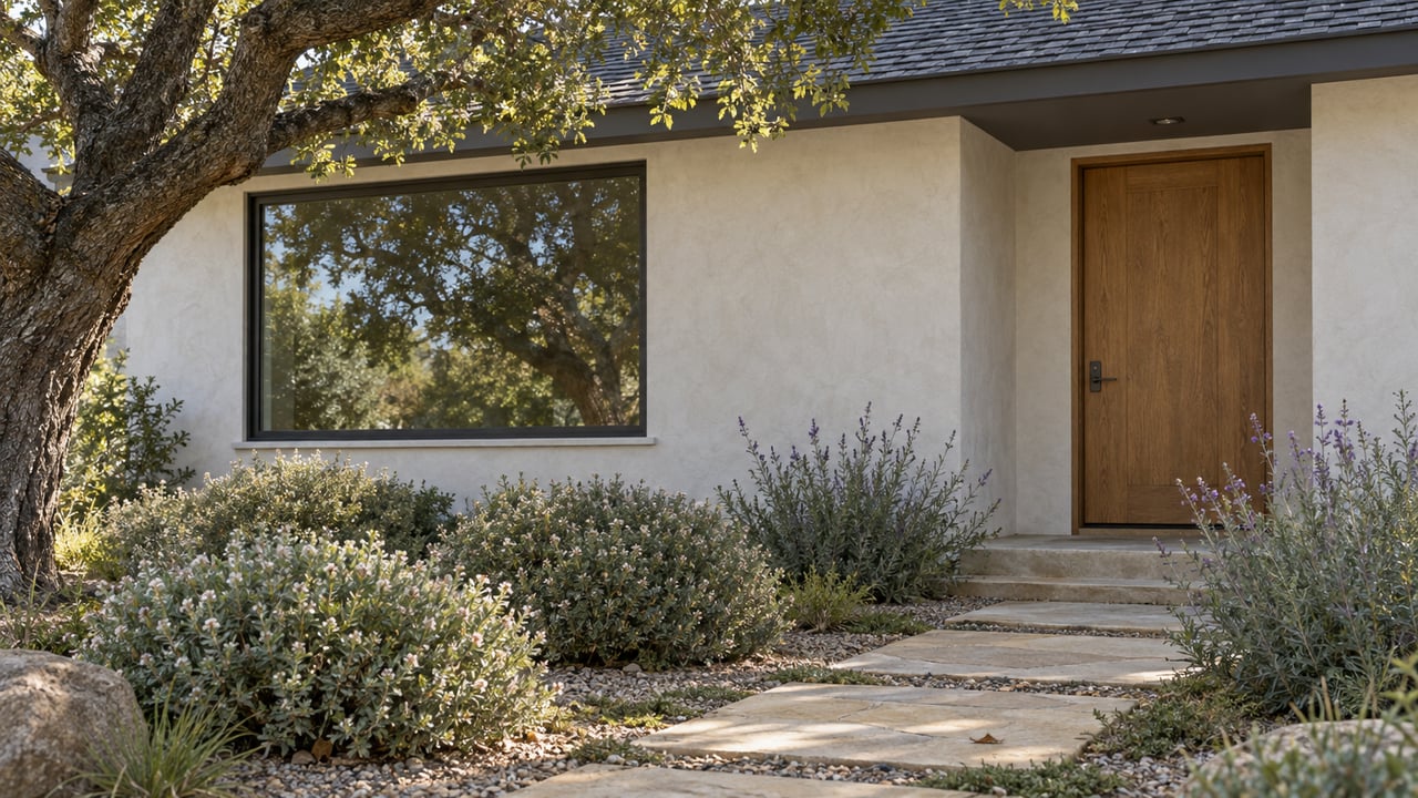 Pale stucco house with oak door, bronze-framed window, sandstone path, and oak-shaded garden.
