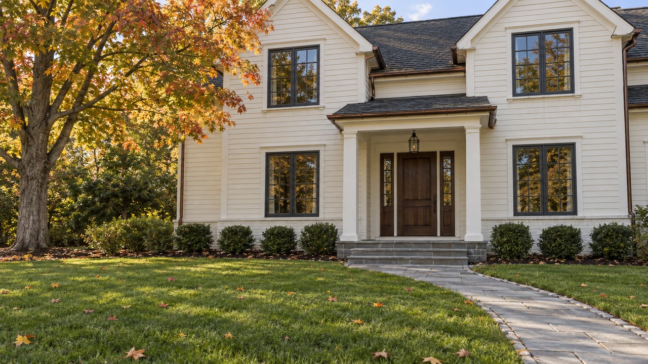 Ivory clapboard home with dark gables, a formal white portico, and a stone path across a deep lawn beneath an autumn maple.