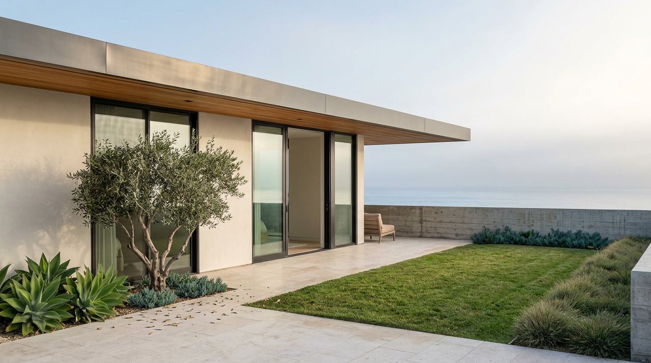 Coastal home with floor-to-ceiling glass, olive tree, and pale terrace overlooking hazy ocean water.