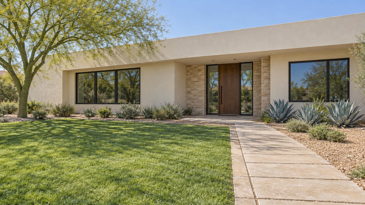 A low ivory stucco home with a recessed wood entry, bronze-framed windows, a broad lawn and a paved approach bordered by sculptural desert plants.