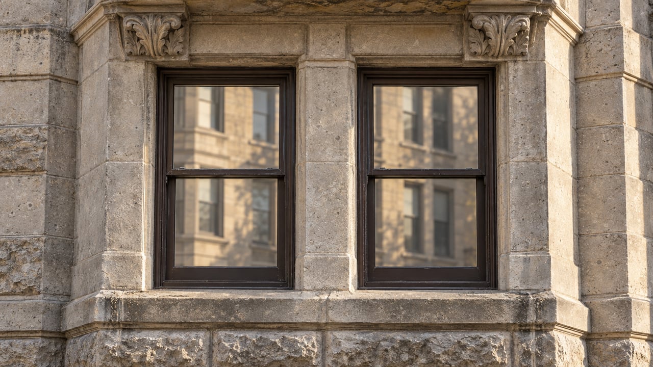 Morning sunlight grazes a carved limestone hood above paired bronze-painted sash windows, revealing weathered stone and carefully maintained joinery.