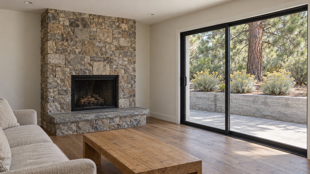 Daylit living room with a stone fireplace, natural oak flooring and glass patio doors overlooking a planted concrete terrace.