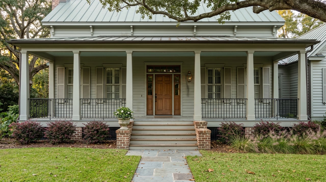 Sage-gray cottage with brick-pier porch, bluestone path, and spreading live oak above the lawn.