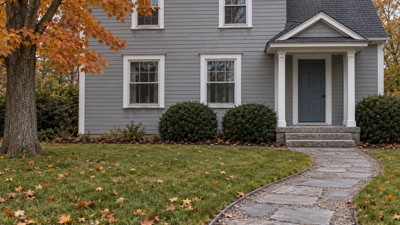 Gray clapboard home with white sash windows, a blue entry door and granite steps beyond an autumn lawn.