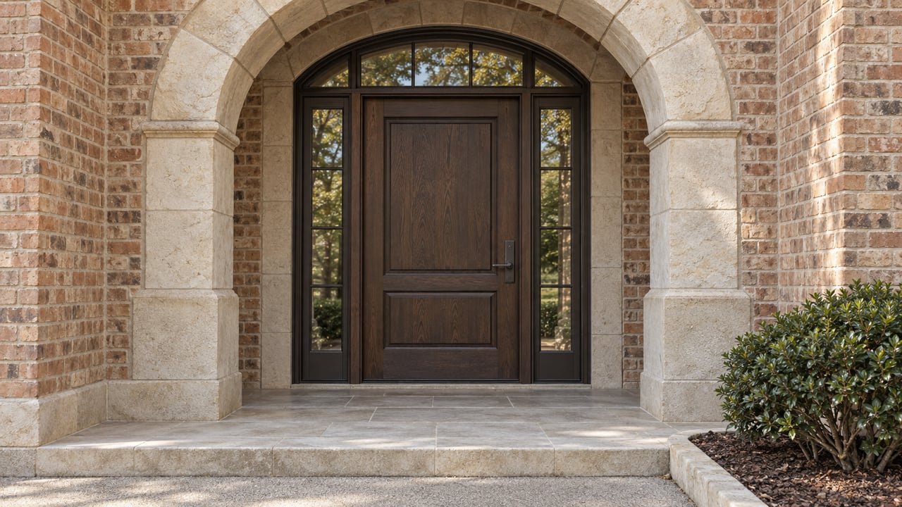 Close view of a limestone arched entrance with a dark oak door, matched glazed sidelights, warm brick and a small yaupon planting.