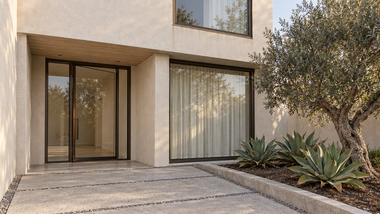 Contemporary ivory-stucco home with bronze-framed glazing, a concrete entry court, and a sculptural olive tree.
