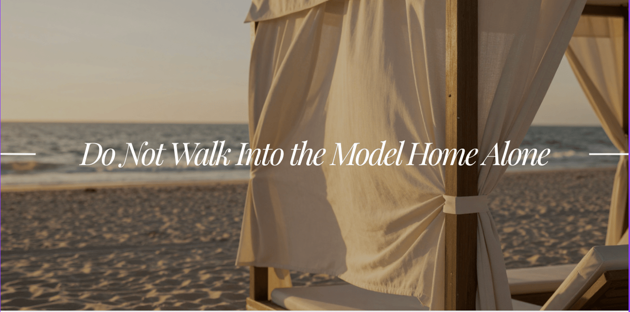 Do Not Walk Into the Model Home Alone, over a beach scene with a fabric canopy and chair.