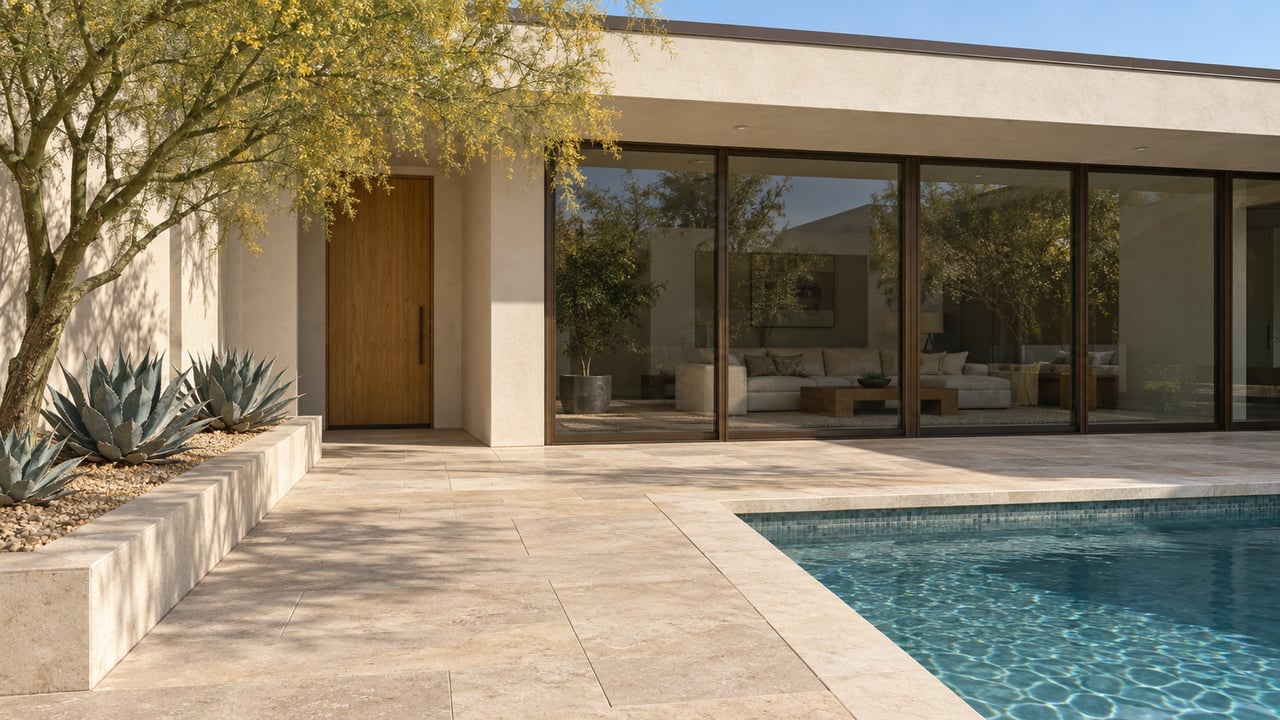 Sunlit contemporary home with bronze-framed glass, limestone pool terrace, and a sculptural blue palo verde in a raised planter.