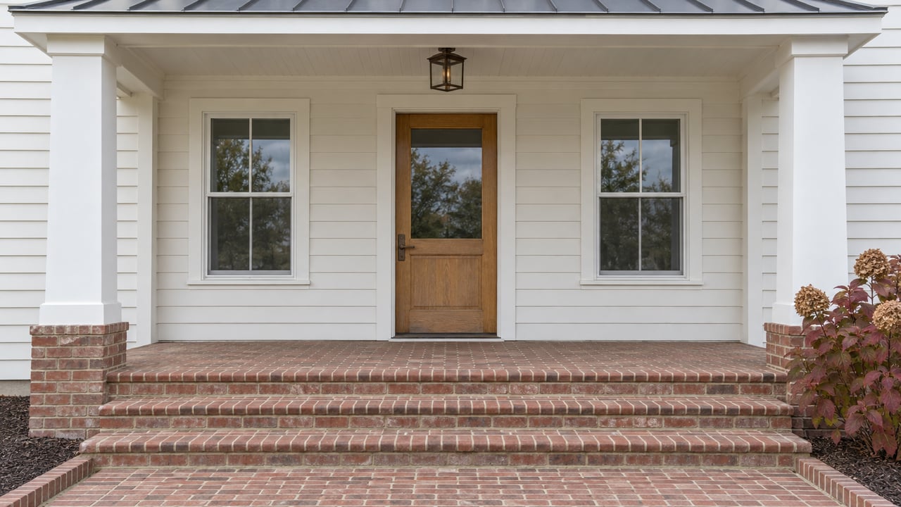 White clapboard home entrance with an oak door, paired sash windows, brick porch steps and burgundy oakleaf hydrangea.