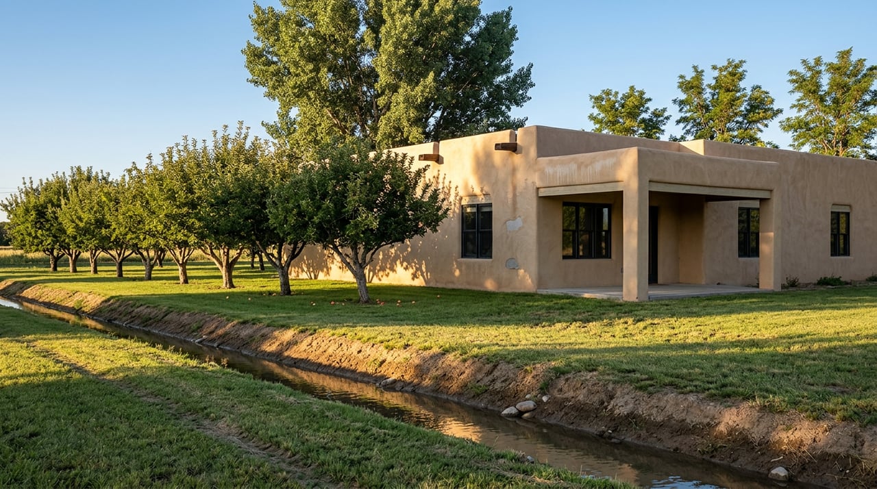 Sand-toned stucco home beyond an orchard row, with fallen apples and a diagonal irrigation ditch in the foreground.