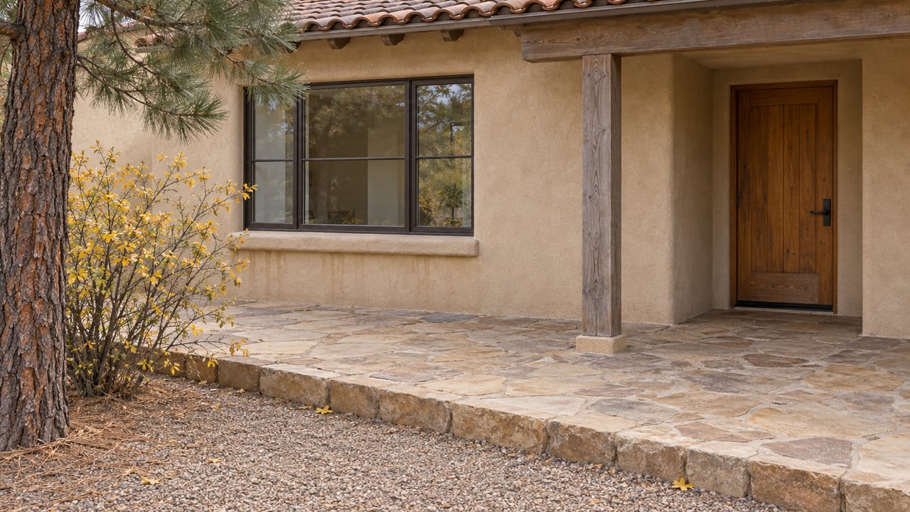 Tan stucco home with a timber entry, sandstone terrace and autumn planting in a gravel yard.
