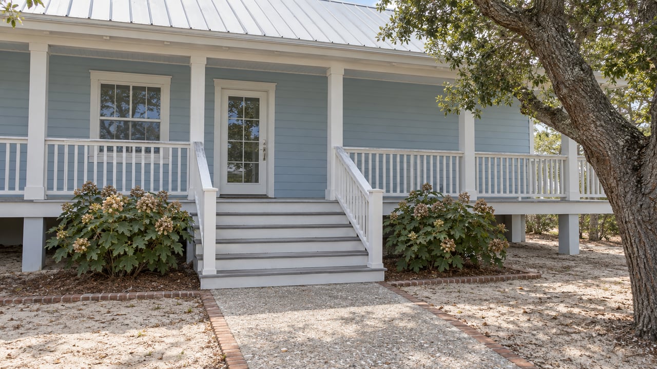 Powder-blue raised cottage with a covered white porch, broad steps, shell-flecked walkway and a mature live oak beside the sandy front yard.