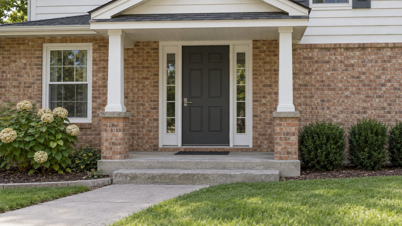 A covered home entry with pale siding, warm brick, charcoal door and concrete steps beside established foundation planting.