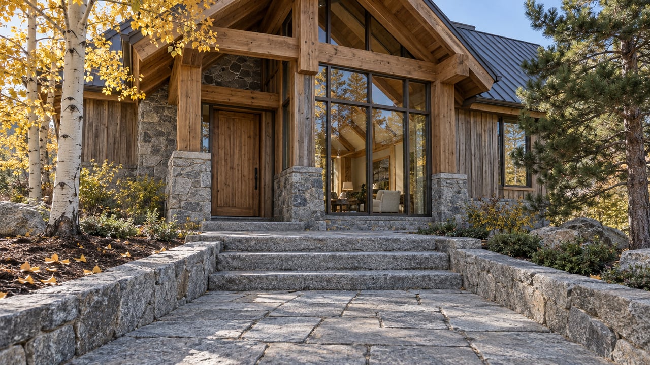 Autumn sunlight on a timber-and-stone home's sheltered entrance, granite approach, and golden aspen.