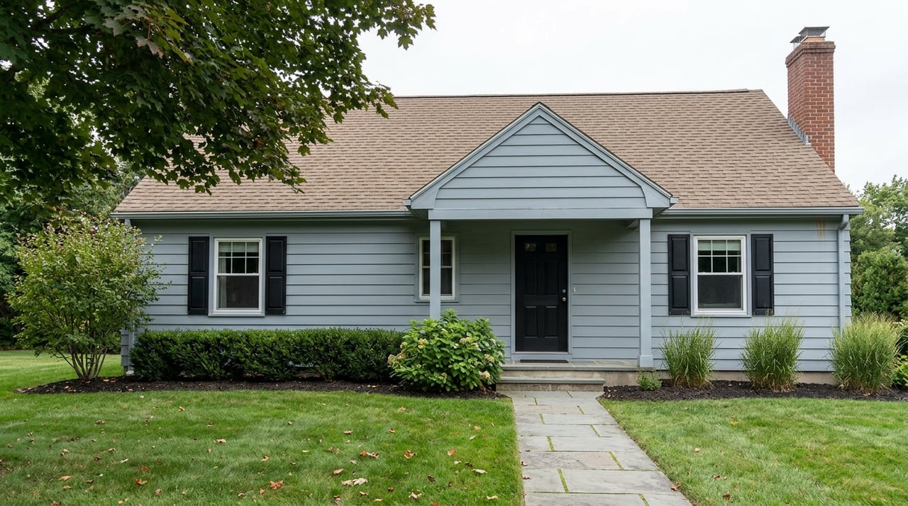 Blue-gray Cape-style home with a covered entry, brick chimney, maple canopy, and bluestone walkway through the lawn.