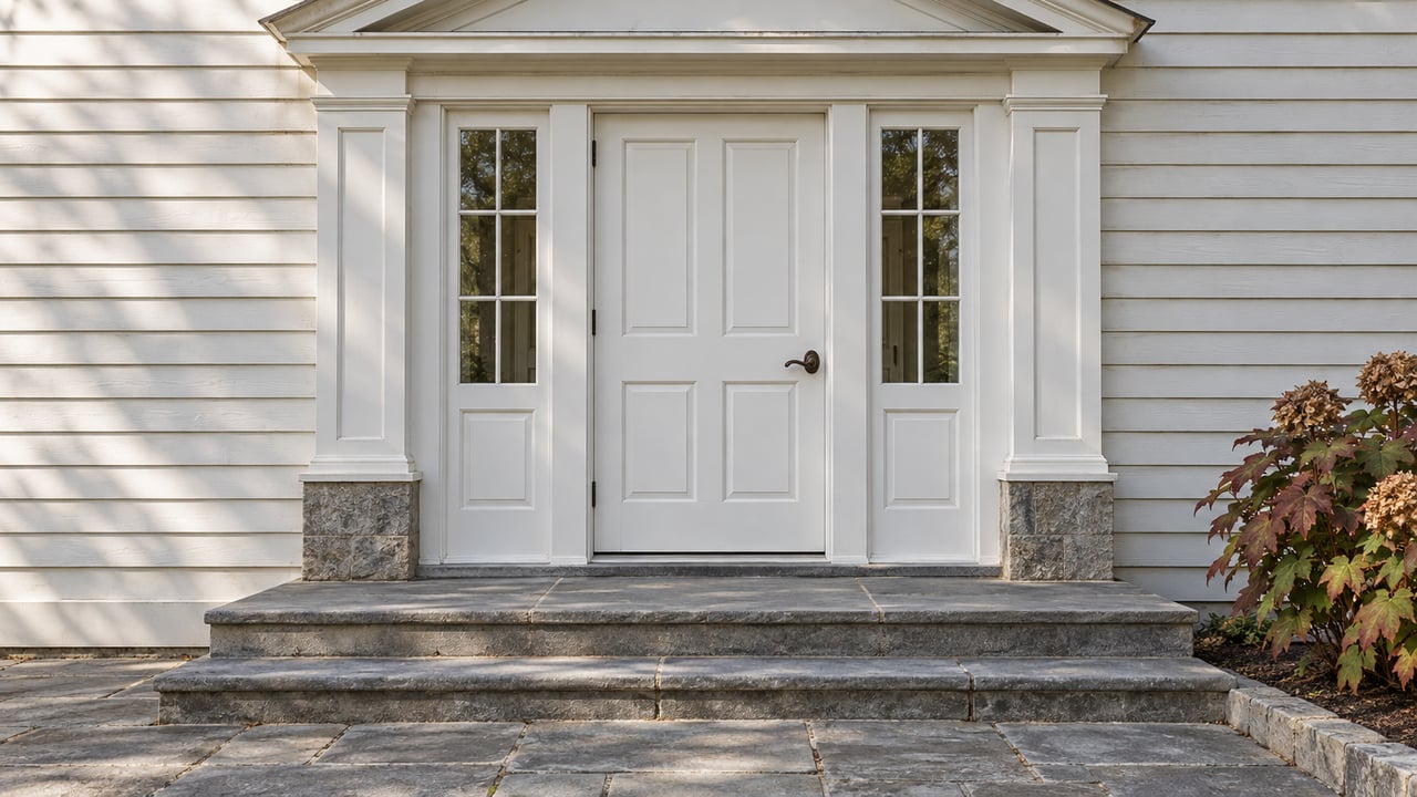 White paneled entrance with matching glazed sidelights, weathered gray stone steps and burgundy oakleaf hydrangea foliage.