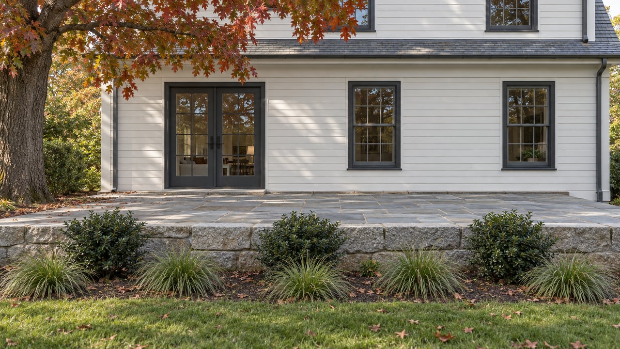 Weathered bluestone terrace beside a white clapboard home, with French doors, sash windows, and an oak canopy.