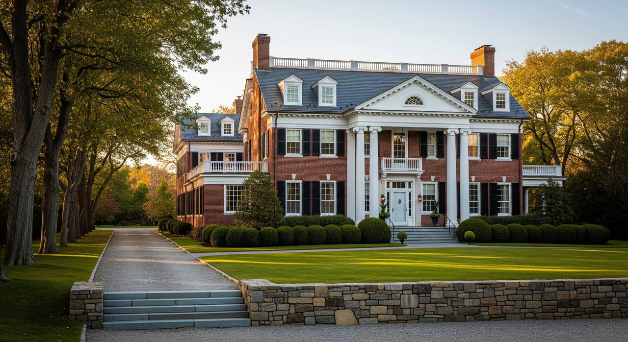 Red-brick mansion with white columns, a slate roof, and a stone-walled front lawn.
