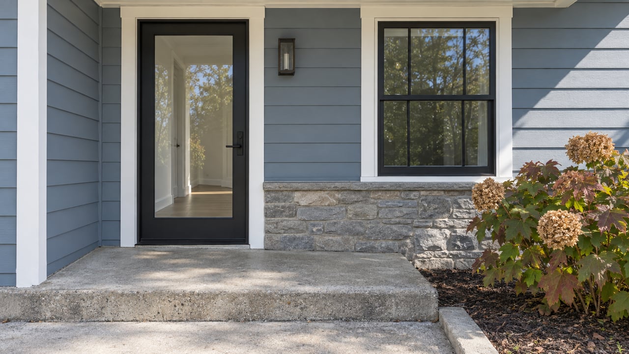 Sheltered home entry with a black glazed door, blue-gray siding, stone veneer and an oakleaf hydrangea beside a concrete step.