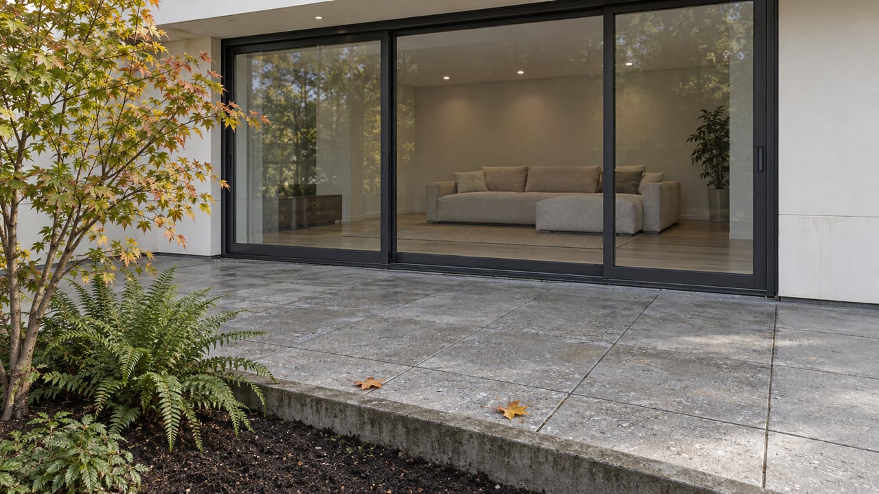 Contemporary home's closed dark-framed glass doors overlooking a gray paved terrace edged with a vine maple and two sword ferns.