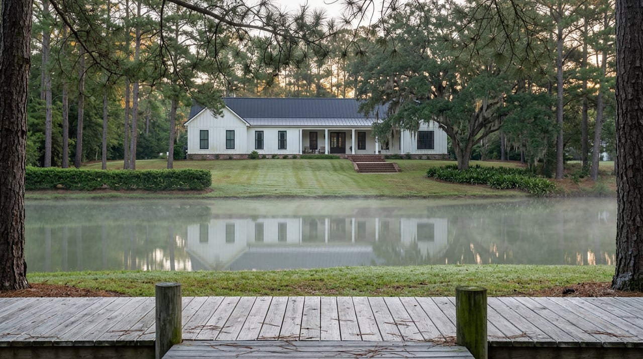 Weathered dock overlooking a still, misty lake and a white farmhouse framed by pine trees.