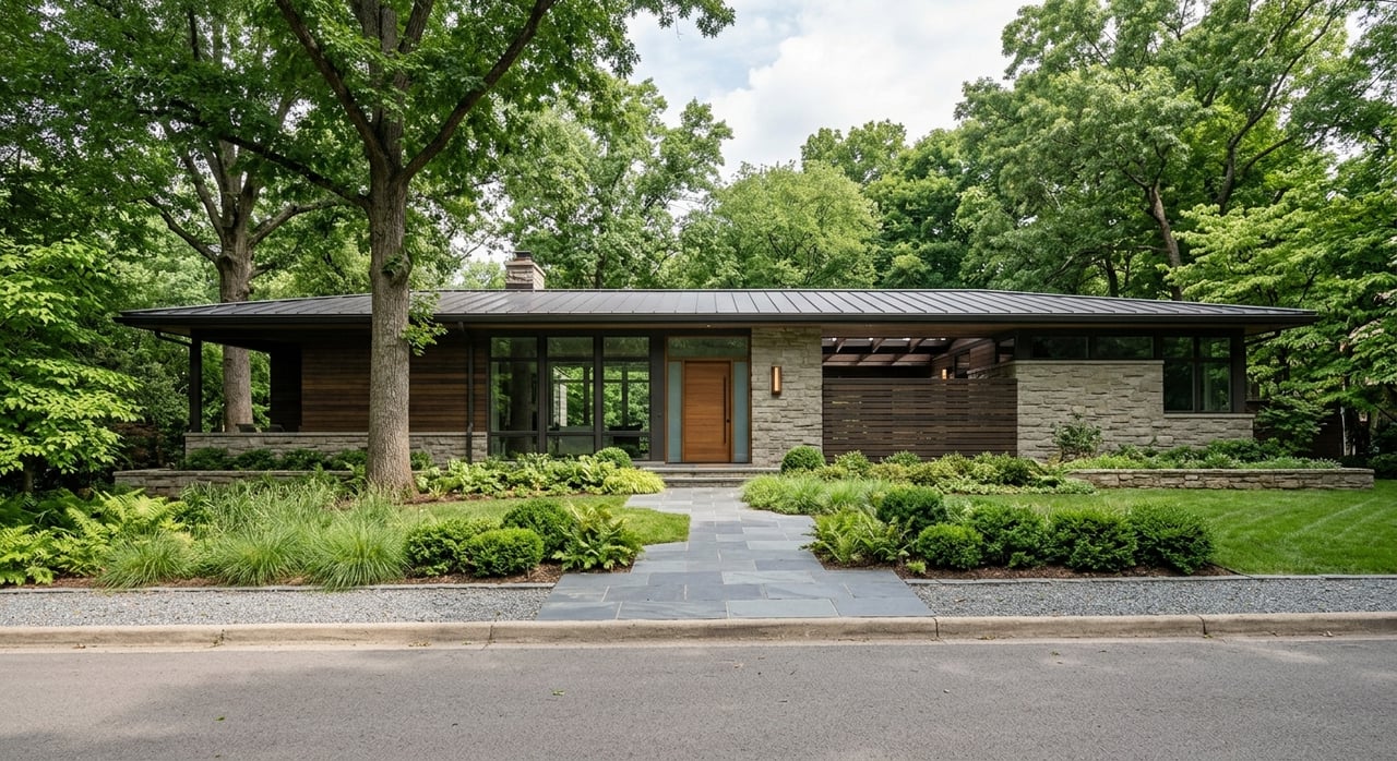 Low, red-brown brick home with black-framed windows, oak entry door, bluestone walk, and mature landscaping.