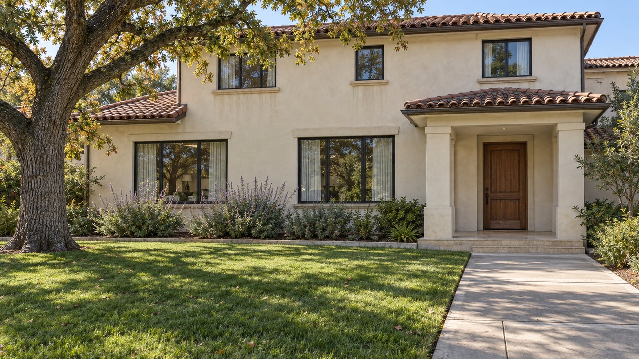 Two-story ivory stucco home with a russet tile roof, deep front lawn, mature oak and recessed oak entry door.