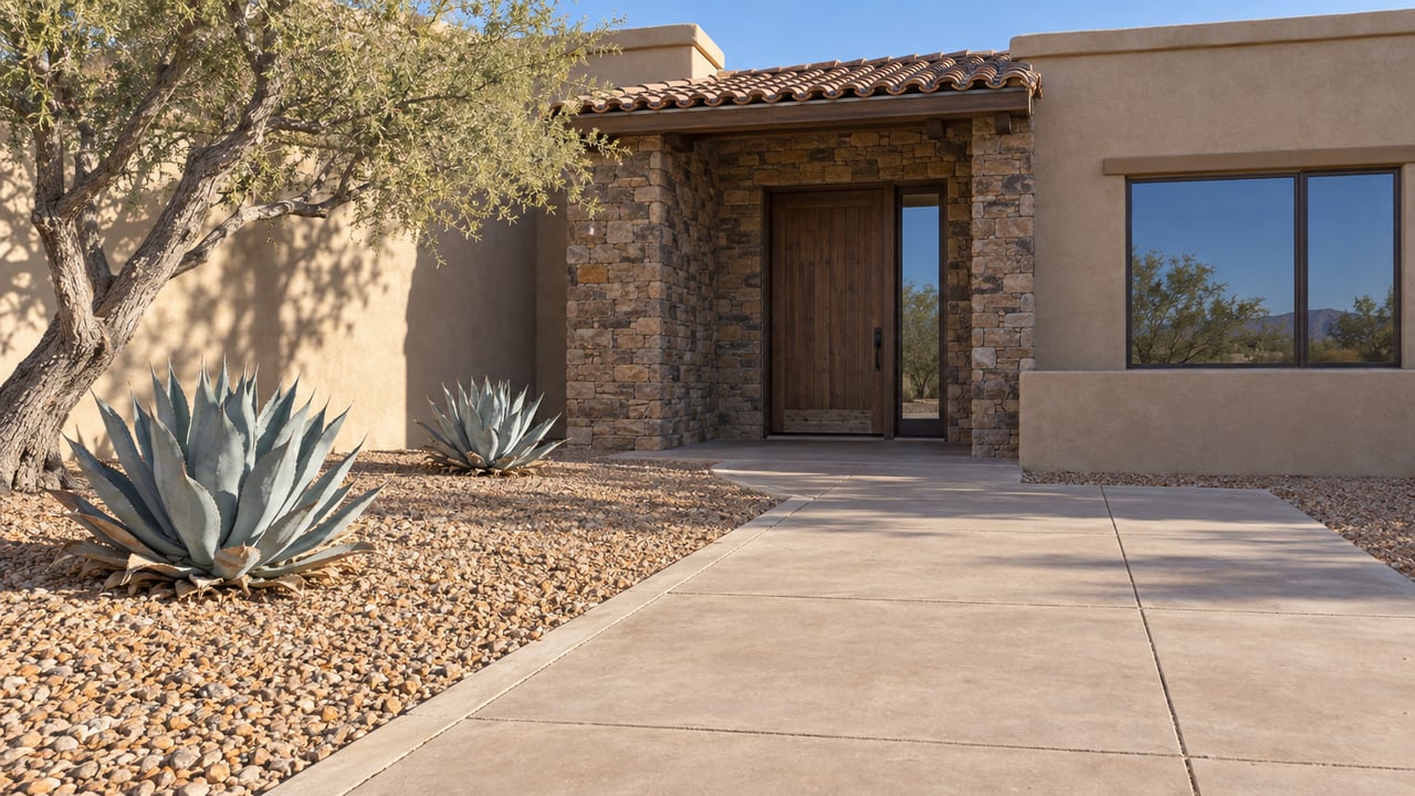 Low stucco home with a stone-clad entry, walnut door, clay tile roof and broad paved approach beside an ironwood tree and two blue agaves.