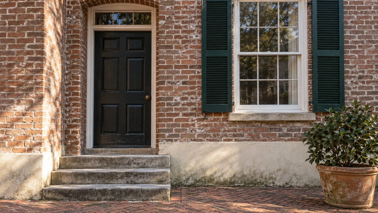 Weathered brick townhouse entrance with a black paneled door, limestone steps, green shutters, and a potted camellia in morning light.